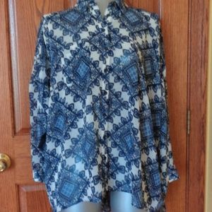 Sans Souci blue & white loose button front top